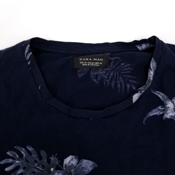 Zara Man Floral Print Hawaiian Vacation Crew Short Sleeve Tee TShirt Navy Medium - Picture 3 of 6